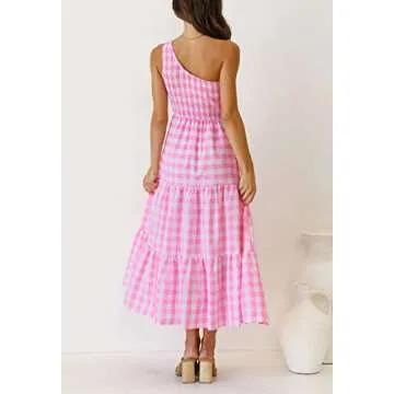 ZCSIA Women's 2024 Summer Boho One Shoulder Sleeveless Solid Color Ruffle Beach Party Tiered Midi Dress,PlaidPink,Medium