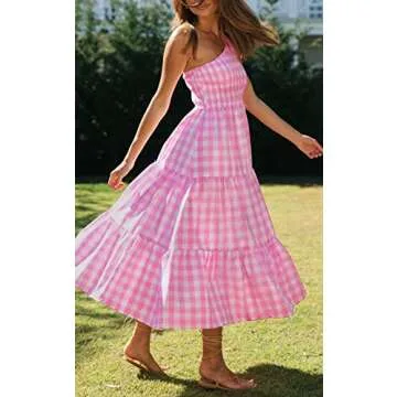 ZCSIA Women's 2024 Summer Boho One Shoulder Sleeveless Solid Color Ruffle Beach Party Tiered Midi Dress,PlaidPink,Medium