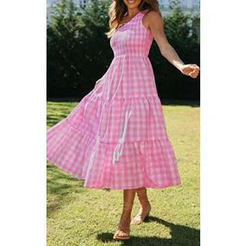 ZCSIA Women's 2024 Summer Boho One Shoulder Sleeveless Solid Color Ruffle Beach Party Tiered Midi Dress,PlaidPink,Medium