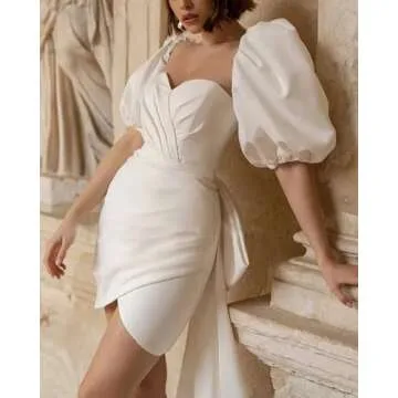 Elegant Women's Satin Short Wedding Dress with Detachable Sleeves