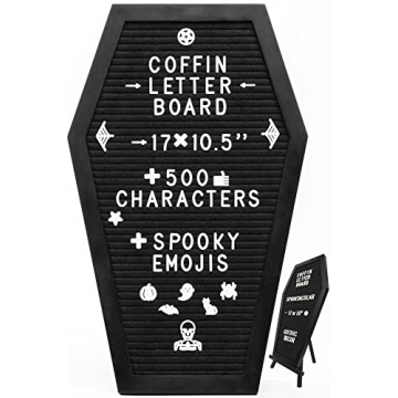 Coffin Letter Board Black With Spooky and All Seasons Emojis +500 Characters, and Wooden Stand - 17x...