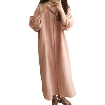 GGUHHU Womens Chic Button Down Rolled-Up Sleeve Long Cotton Blouse Maxi Dress (Small, Light Pink)