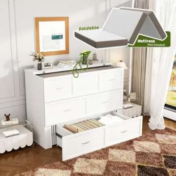 FAMAPY Full Size Murphy Bed with Charging Station & Drawer, Mobile Cabinet Bed Murphy Chest Bed, Space-Saving Folding Murphy Bed for Bedroom Guest Room White (76.4”W x 56.3”D x 40.9”H)