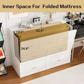 FAMAPY Full Size Murphy Bed with Charging Station & Drawer, Mobile Cabinet Bed Murphy Chest Bed, Space-Saving Folding Murphy Bed for Bedroom Guest Room White (76.4”W x 56.3”D x 40.9”H)