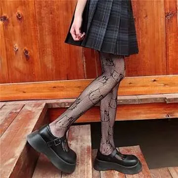 GSTARL Y2K Gothic Fishnet Stockings KT Cat Top Thigh High Stocking Punk Cute Pantyhose Set for Women Gyaru Cosplay, Black, Small-Medium