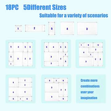 DCA 18 Pcs Clear Plastic Drawer Organizer, 5 Size Vanity Organization Bathroom Drawer Dividers for Makeup, Jewelries and Kitchen Utensils