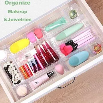 DCA 18 Pcs Clear Plastic Drawer Organizer, 5 Size Vanity Organization Bathroom Drawer Dividers for Makeup, Jewelries and Kitchen Utensils