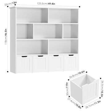 FINETONES Toy Storage Organizer, Large Toy Organizers and Storage with 4 Movable Drawers and 7 Storage Cubbies, Toy Chest Shelf Organizer with Hidden Wheels, Kids Bookshelf and Toy Storage