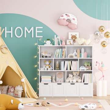 FINETONES Toy Storage Organizer, Large Toy Organizers and Storage with 4 Movable Drawers and 7 Storage Cubbies, Toy Chest Shelf Organizer with Hidden Wheels, Kids Bookshelf and Toy Storage