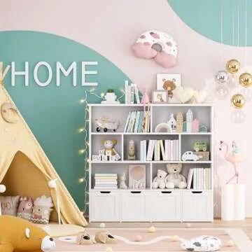 FINETONES Toy Storage Organizer, Large Toy Organizers and Storage with 4 Movable Drawers and 7 Storage Cubbies, Toy Chest Shelf Organizer with Hidden Wheels, Kids Bookshelf and Toy Storage