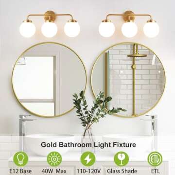 Deyidn Gold Bathroom Vanity Light Fixtures Over Mirror, Modern Brass 3 Lights Wall Sconce with Milky Glass Ball Shade, Mid Century Farmhouse Vanity Lighting