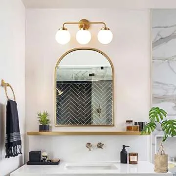 Deyidn Gold Bathroom Vanity Light Fixtures Over Mirror, Modern Brass 3 Lights Wall Sconce with Milky Glass Ball Shade, Mid Century Farmhouse Vanity Lighting
