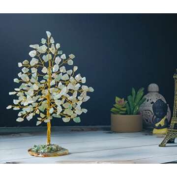 Green Jade Gemstone Tree of Life - Geode Agate Slice Base, Crystal Tree for Positive Energy, Feng Shui Decor - Chakra Tree, Good Luck Money Bonsai, Healing Stones, Gem Tree, Spiritual Mystical Gift