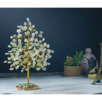 Green Jade Gemstone Tree of Life - Geode Agate Slice Base, Crystal Tree for Positive Energy, Feng Shui Decor - Chakra Tree, Good Luck Money Bonsai, Healing Stones, Gem Tree, Spiritual Mystical Gift