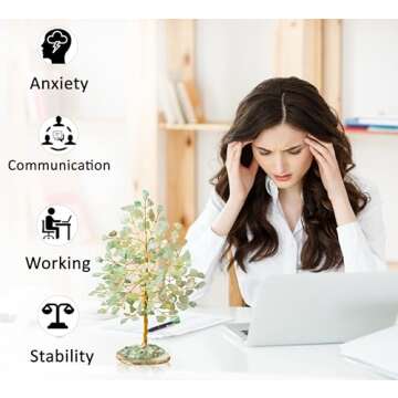 Green Jade Gemstone Tree of Life - Geode Agate Slice Base, Crystal Tree for Positive Energy, Feng Shui Decor - Chakra Tree, Good Luck Money Bonsai, Healing Stones, Gem Tree, Spiritual Mystical Gift