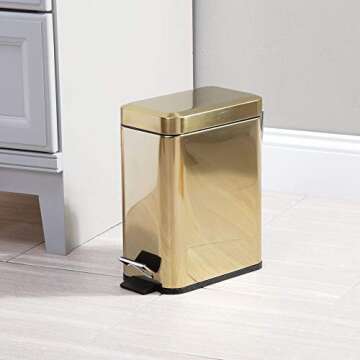 mDesign Small Modern 1.3 Gallon Rectangle Metal Lidded Step Trash Can, Compact Garbage Bin with Removable Liner Bucket and Handle for Bathroom, Kitchen, Craft Room, Office, Garage - Soft Brass