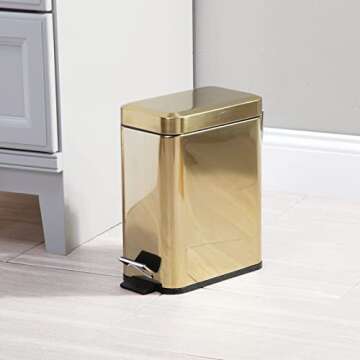 mDesign Small Modern 1.3 Gallon Rectangle Metal Lidded Step Trash Can, Compact Garbage Bin with Removable Liner Bucket and Handle for Bathroom, Kitchen, Craft Room, Office, Garage - Soft Brass
