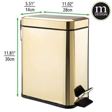 mDesign Small Modern 1.3 Gallon Rectangle Metal Lidded Step Trash Can, Compact Garbage Bin with Removable Liner Bucket and Handle for Bathroom, Kitchen, Craft Room, Office, Garage - Soft Brass