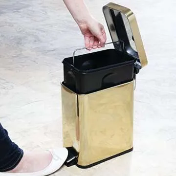 mDesign Small Modern 1.3 Gallon Rectangle Metal Lidded Step Trash Can, Compact Garbage Bin with Removable Liner Bucket and Handle for Bathroom, Kitchen, Craft Room, Office, Garage - Soft Brass