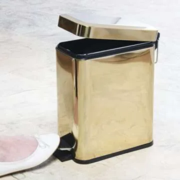mDesign Small Modern 1.3 Gallon Rectangle Metal Lidded Step Trash Can, Compact Garbage Bin with Removable Liner Bucket and Handle for Bathroom, Kitchen, Craft Room, Office, Garage - Soft Brass