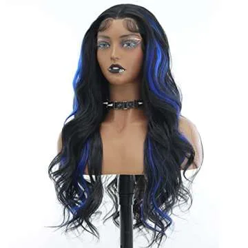 ANDRIA Blue Wig Highlight Lace Front Loose Wave Wigs with Baby Hair Black mix Blue Glueless Lace Wig...