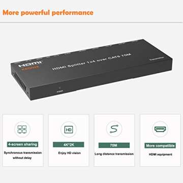 KEQINX 1x4 HDMI Extender Splitter 4K Over Cat6 70m/230ft POC with 4X Receivers IR Control EDID HDMI Over Ethernet Splitter