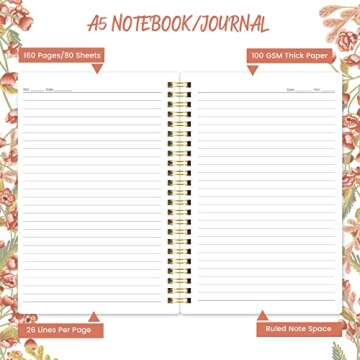 Spiral Notebook - 3 Pack A5 Notebooks Spiral Bound with Back Pocket, Lined Journal Notebook, Spiral Journal for Women, 5.7" x 8.4", 160 Pages, College Ruled Writing Notebook, 100gsm Paper, for Office