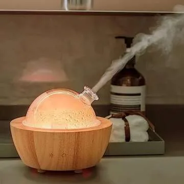 Wanlola 200ml Glass Essential Oil Diffuser with Natural Wood Base, Aromatherapy Diffusers for Home, Cool Mist Air Humidifier with 7 Color Lights for Office, Bedroom