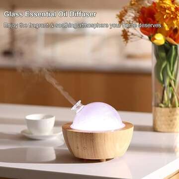 Wanlola 200ml Glass Essential Oil Diffuser with Natural Wood Base, Aromatherapy Diffusers for Home, Cool Mist Air Humidifier with 7 Color Lights for Office, Bedroom