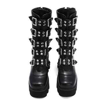 YIYA Women's Black Platform Goth Boots Studded Wide Mid Calf Combat Punk Boots Round Toe Buckle Chun...