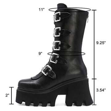 YIYA Women's Black Platform Goth Boots Studded Wide Mid Calf Combat Punk Boots Round Toe Buckle Chunky Heel Back Zipper Thick Sole Ankle Booties