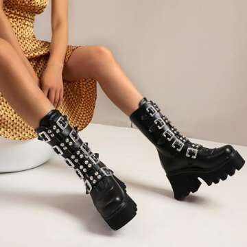 YIYA Women's Black Platform Goth Boots Studded Wide Mid Calf Combat Punk Boots Round Toe Buckle Chunky Heel Back Zipper Thick Sole Ankle Booties
