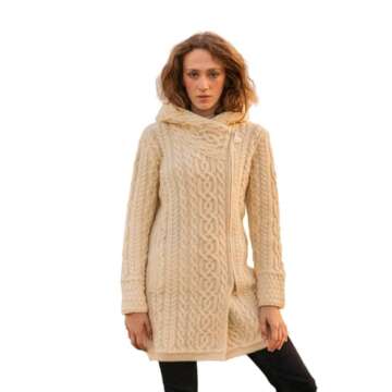 SAOL Ladies Irish Aran Zip Cardigan - 100% Merino Wool Coat with Pockets and Hood, Made in Ireland (...