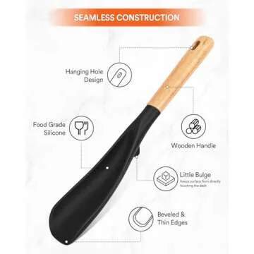 Cooking Spoon and Rice Scooper for Nonstick Cookwares, Great for Cooking and Serving Durable BPA-Free Matte Silicone, Wood Handle Spoon for Mixing, Scoop, and Scrape (Black)