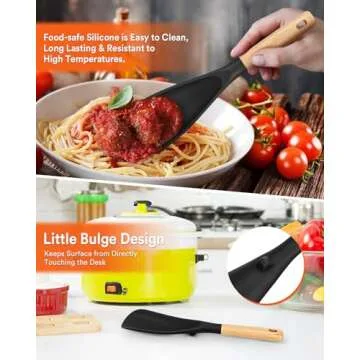Cooking Spoon and Rice Scooper for Nonstick Cookwares, Great for Cooking and Serving Durable BPA-Free Matte Silicone, Wood Handle Spoon for Mixing, Scoop, and Scrape (Black)