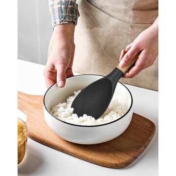 Cooking Spoon and Rice Scooper for Nonstick Cookwares, Great for Cooking and Serving Durable BPA-Free Matte Silicone, Wood Handle Spoon for Mixing, Scoop, and Scrape (Black)