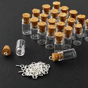 Yungyan 50 Pieces Small Mini Glass Bottles Jars with Cork Stoppers Set, Tiny Cork Glass Bottles with Eye Screws and Small Funnel for Decoration, Art Crafts, DIY Projects, Party Favors (0.5ml)