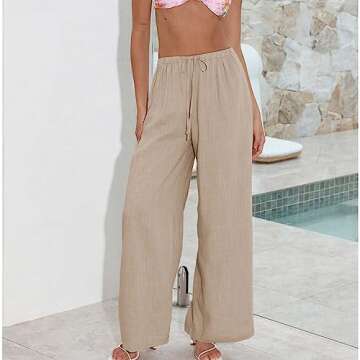 Duyang Womens Cotton Linen Palazzo Pants Drawstring Elastic Waist Casual Wide Leg Trousers with Pock...