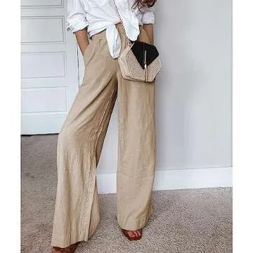Duyang Womens Cotton Linen Palazzo Pants Drawstring Elastic Waist Casual Wide Leg Trousers with Pockets(Khaki,M)