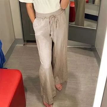 Duyang Womens Cotton Linen Palazzo Pants Drawstring Elastic Waist Casual Wide Leg Trousers with Pockets(Khaki,M)