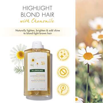 Klorane Shampoo with Chamomile for Blonde Hair, Enhances highlights, brightens blonde hair, Paraben, Hydrogen Peroxide, Ammonia, SLS Free, 13.5 Fl Oz (Pack of 1)