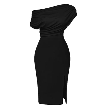 Memoriesea Women's Elegant Off Shoulder Split Hem Bodycon Ruched Midi Club Party Dress Black