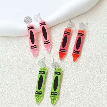 Handmade Acrylic Teach ABC 123 Letter Earrings Colorful Resin Crayon Pencil Shape Dangle Drop Earrin...