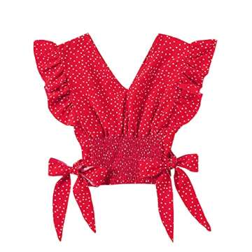 LYANER Women's V Neck Polka Dots Ruffle Cap Sleeve Shirred Hem Blouse Crop Tank Top Peach Red Small