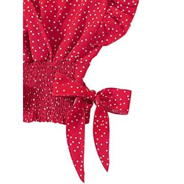 LYANER Women's V Neck Polka Dots Ruffle Cap Sleeve Shirred Hem Blouse Crop Tank Top Peach Red Small