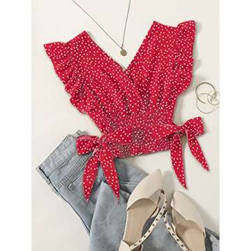 LYANER Women's V Neck Polka Dots Ruffle Cap Sleeve Shirred Hem Blouse Crop Tank Top Peach Red Small