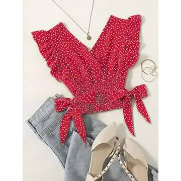LYANER Women's V Neck Ruffle Polka Dots Crop Blouse