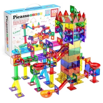 PicassoTiles Marble Run 100 Piece Magnetic Tile Race Track Toy Play Set STEM Building & Learning Edu...