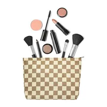 PAZIMIIK Makeup Bag Large Zipper Corduroy Make Up Pouch for Purse Travel Canvas Cosmetic Organizer for Women Brush Storage,Checkered Light Brown