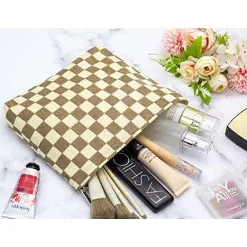 PAZIMIIK Makeup Bag Large Zipper Corduroy Make Up Pouch for Purse Travel Canvas Cosmetic Organizer for Women Brush Storage,Checkered Light Brown